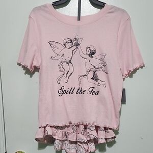 Playful Pink and Black Angel Pajama Set with Ruffles
